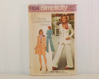 Vintage Simplicity 6104 Young Contemporary Fashion (c. 1973) Junior Petite Size 11, Bust 34 Inches, Retro Clothes, Flared Pants, Knits