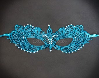 Dark Teal Lace Mask, RHINESTONES, lace mask, shades of Teal, lace masquerade mask, Dark Teal Lace Mask, lace mask w/ Rhinestones