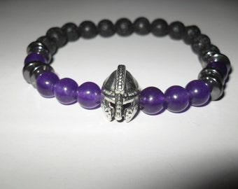 bracelet, stretch bracelet, unisex bracelet, warrior, spartan, spartan helmet, gladiator helmet, hematite, amythest beads, custom bracelet