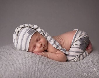 Newborn Boy Pants and Hat Set - The "Luke" cream and grey newborn outfit, baby boy, stripes, newborn photo prop, newborn hat