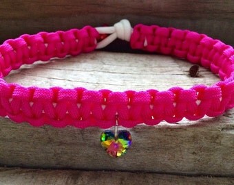 Crystal Choker, Paracord Necklace, Rainbow Crystal Choker, Neon Pink and Glow-in-the-dark Paracord with Rainbow Heart Crystal.