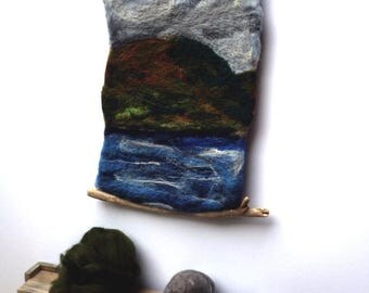 SALE Scottish Seascape, Felt Wall Hanging, Needle Felted Picture " Majestic Mountain" with Driftwood Hangers