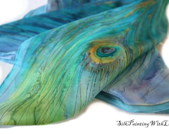 Blue HANDPAINTED silk scarf. square silk scarf. Peacock Scarf. free gift wrap. Birthday gift for mom. Made to order scarf