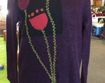 Upcycled Mohair Sweater, OOAK Sweater, Embroidered Sweater, Machine embroidery, Applique Sweater, Large Mohair Sweater with Embroidery