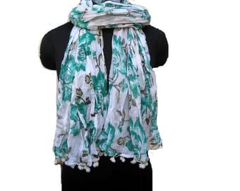 Floral print scarf/ cotton scarf/ lace scarf/ gift scarf / white and blue scarf/ / gift ideas.