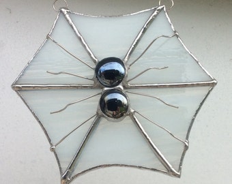 Stained Glass Spider Web With Glass Nugget and Wire Spider