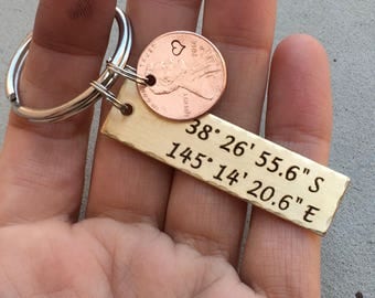 Sale Price Boyfriend Gift - Coordinate Keychain with Lucky Penny - Anniversary Gift, Coordinate Keychain, personalized penny, Lucky Us Keych