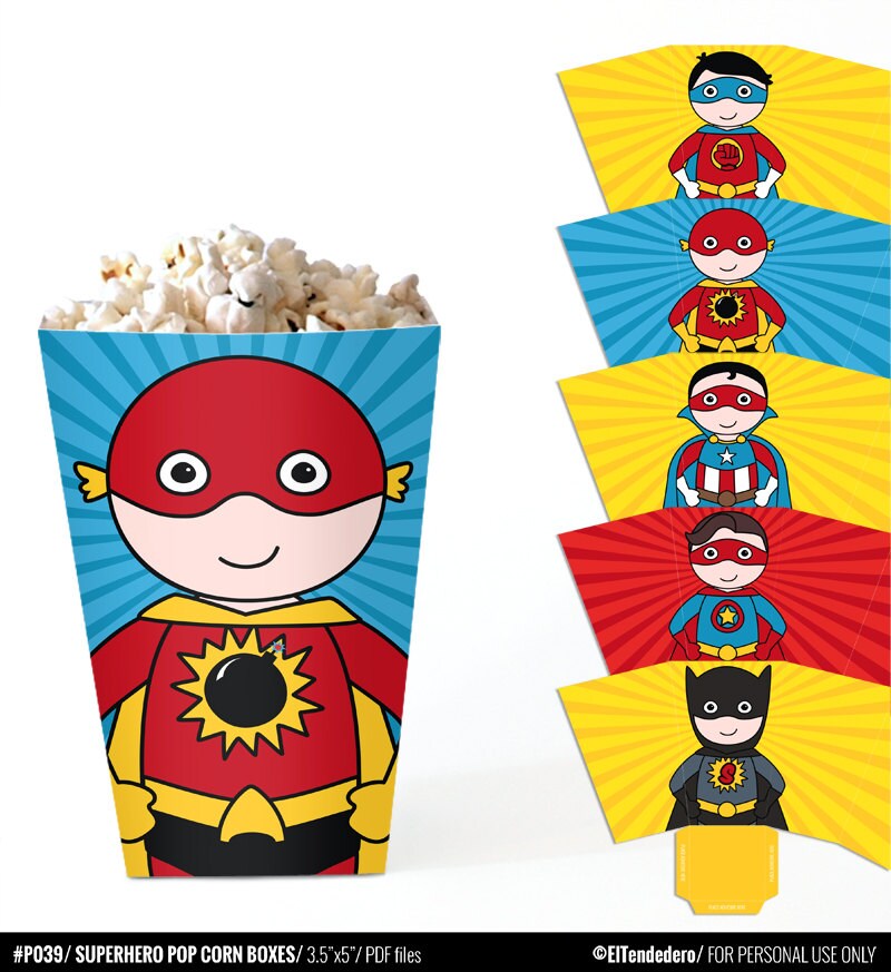 Superhero Popcorn Boxes. Printable Favor Boxes Treat Boxes.