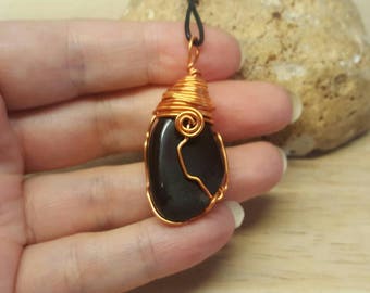 Rare Apache tears pendant. Volcanic black obsidian necklace. Reiki jewelry uk. Copper wire wrapped necklace