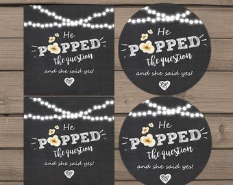 He Popped the Question Gift Tag Engagement party favor tag Engagement Popcorn Favor Tag Stickers egagement wedding Stickers chalk PRINTABLE