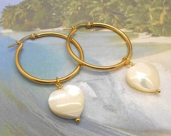 Hoop Earrings, Heart Earrings, Beach Jewelry, Sea Shell Earrings, Beach Wedding, Gold Hoop Earrings