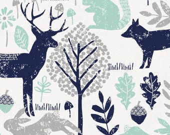 Navy and Mint Woodland Animals Organic Fabric - By The Yard - Girl / Boy / Gender Neutral