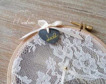 Carrier ring, Circle Framed Embrodery, lace and ardoise heart