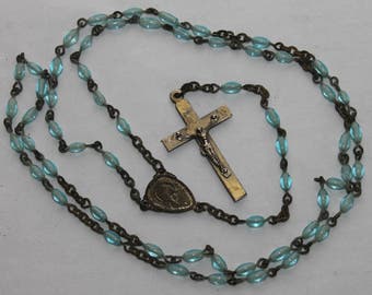 Antique 19th c. Blue Glass Bead Child's 1st Holy Communion Rosary