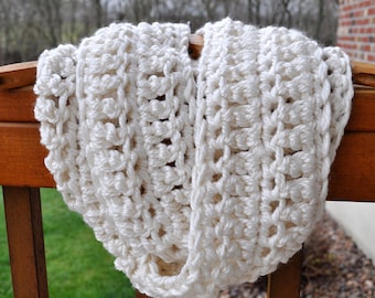 FREE SHIPPING-Beautiful Crochet Infinity Scarf- Antique White-Ultra Soft Yarn- Made With TWO Strands of Yarn for an Extra Thick Scarf
