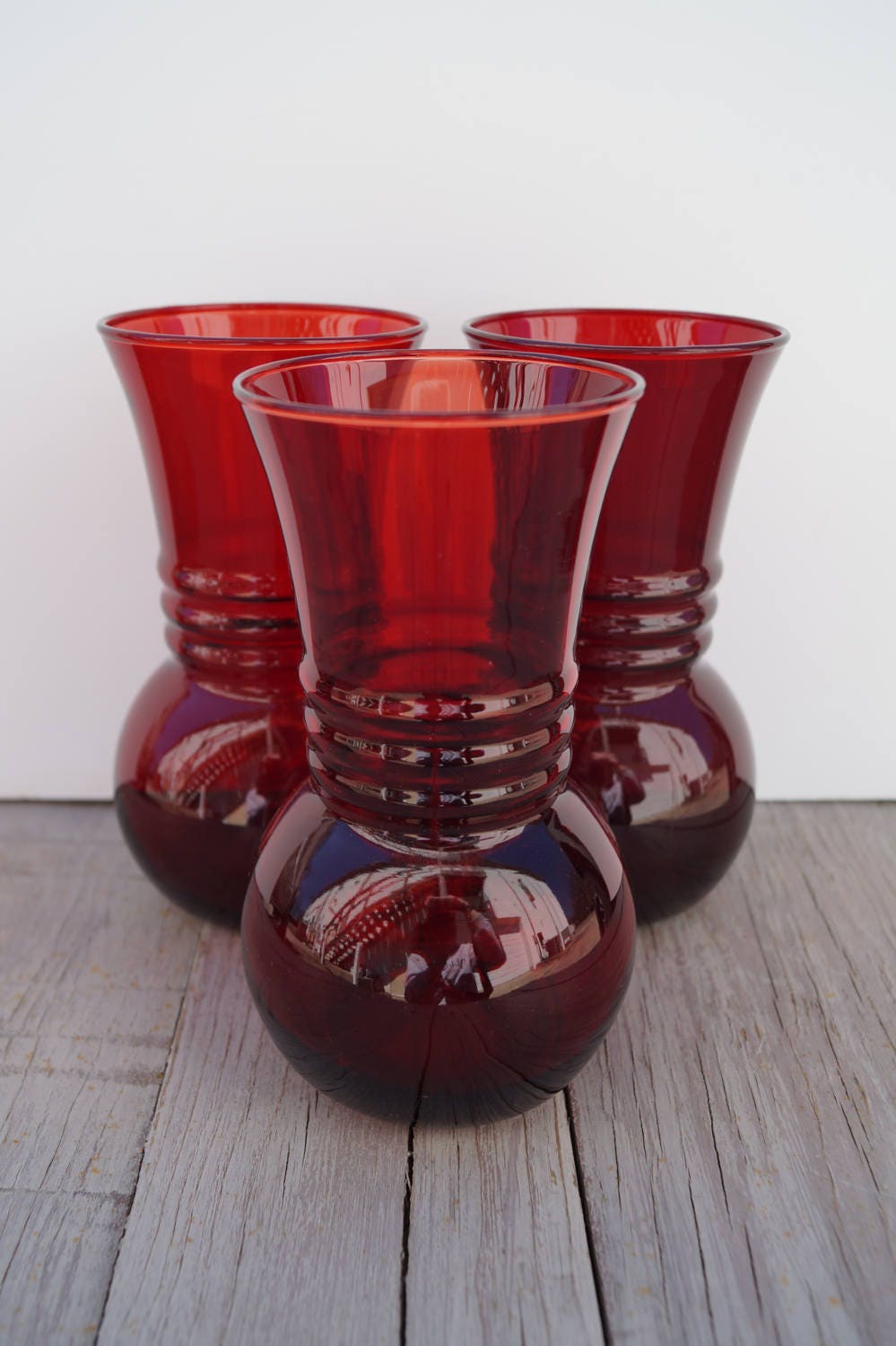 Set of 3 Royal Ruby Red Depression Glass Vases Anchor