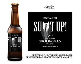 Suit Up Groomsman Beer Label | Diy Printable Tuxedo Will You Be My Best Man, Ring Bearer, Usher, Groomsmen Invitation Beer Bottle Labels