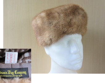 Vintage HUDSON'S BAY Company Mink Fur Pillbox Hat HBC Department Store Union Made in Canada Light Sable Brown Color Fully Lined