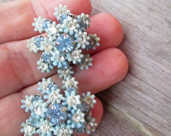 Vintage Signed Leru Light Blue Flower Rhinestone Thermoset Button Clip On Earrings