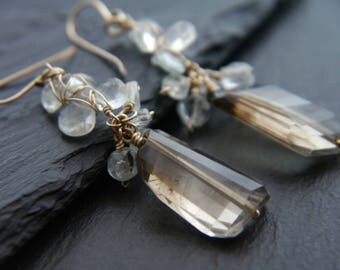 Smokey Quartz Earrings, Aquamarine Earrings, Gold Filled, Cluster Earrings, Natural Gemstone, Organic, Wedding, Bohemian, Hand cut, Faceted