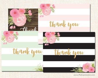 Stripes Watercolor Floral Thank You Cards in Black, Mint, Pink and Rustic Wood - Baby Shower Thank You Cards - Set of 24 with envelopes