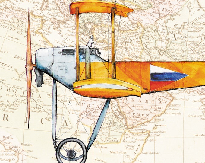 Airplane on Africa map nursery art poster Vintage map decor Military aircraft Sikorsky Boys art Baby boy nursery wall art Aviation theme