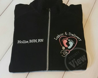 Labor and Delivery Nurse Fleece Jacket with FootPrints Stethoscope -RN LPN zipup light weight fleece jacket with several options-TYPEWRITER