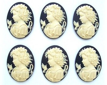 6 Ivory color on Black Young Girl Goddess with Dove 25mm x 18mm Resin CAMEOS Lot for Making Costume Jewelry