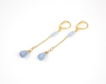 DROPS - Aqua Chalcedony and Gold filled Long Earrings and Gems Stones