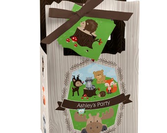 Woodland Favor Boxes - Personalized Woodland Creatures Baby Shower or Birthday Supplies - Woodland Animals Treat Boxes with Tag - 12 ct.