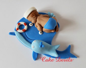 Whale Baby Shower Fondant Sleeping Baby Cake Topper, Nautical baby shower Cake Decoration, Whale, Sailor baby cake, Baptism, Handmade Edible