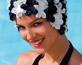 Retro Style Swim Cap - Fashy Swimming Hat - Black & White Petal Swim Cap - Vintage Style Petal Swim Cap (3191 22)