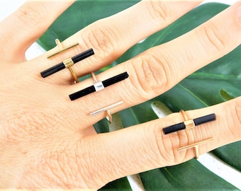 Black Tourmaline Ring, Raw Crystal Ring, Raw Tourmaline Ring, Tourmaline Crystal Bar Ring, Rough Crystal Ring, Gold T Bar Ring, Island Ashes