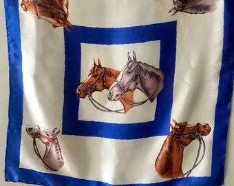 Vintage Horse Scarf, Equestrian Scarf | square scarf, womens scarves, horse racing gifts, acetate scarf, made in japan, blue and white scarf
