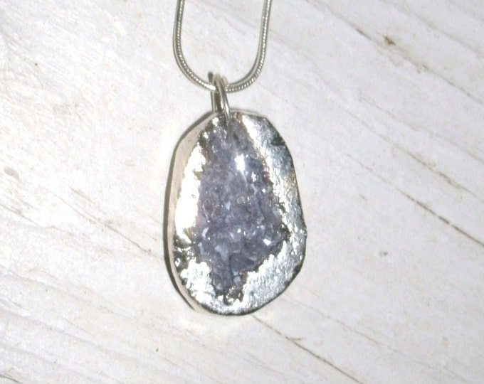 Electroplated Druzy Pendant necklace, silver electroplated, purple grey druzy center, oval, sterling silver chain, gift for her, stones