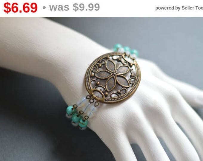 VINTAGE Bracelet metal brass with beads made of natural stones, turquoise and moonstone, Blue, Grey, Rustic