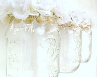 White Flower Crown, 13.5 oz Mason Jars, Set of 3, Gold Trim, Minimalistic Decor, Simple and Clean, Office Organizer, Gift Ideas, Home Decor
