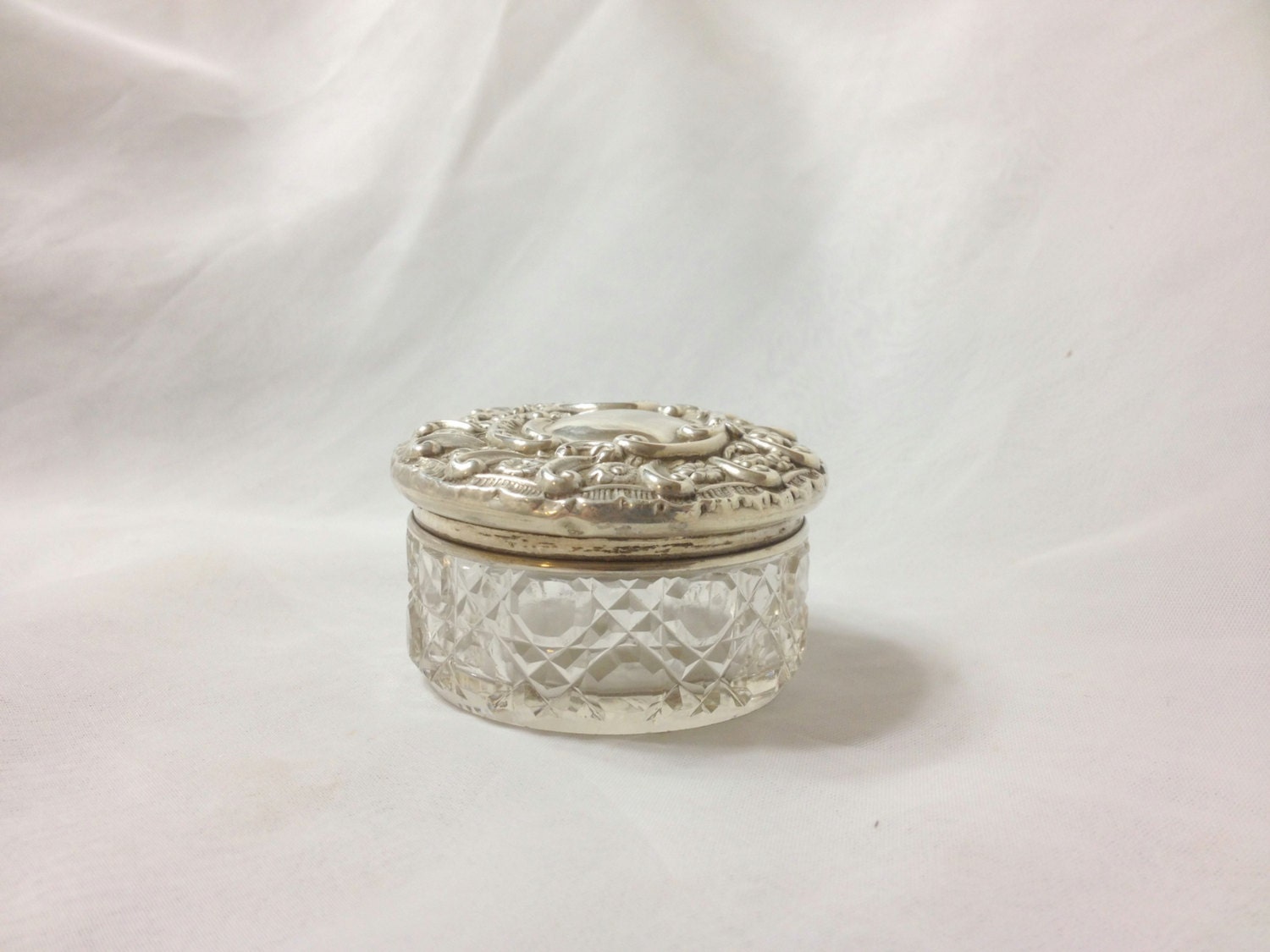 Antique Vanity Powder Jar Silver Lid and Cut Glass by dollyjayne
