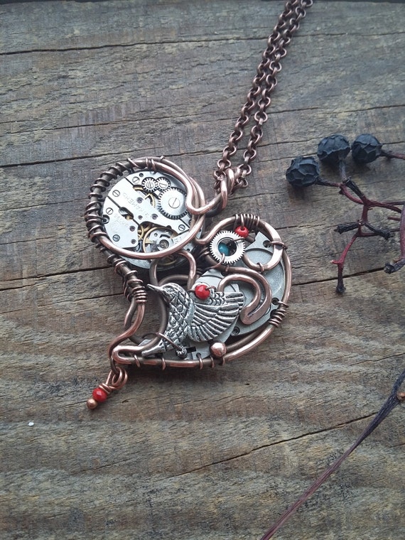 Heart necklace Steampunk jewelry Colibri Copper heart Gift for girlfriend Love gift Vslentine day Wire wrapped heart Watch parts by AlmostRealFlowersArt steampunk buy now online