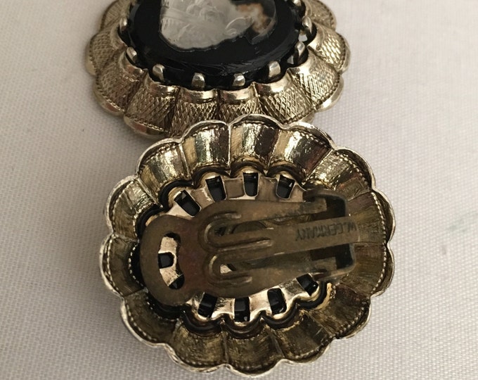 Storewide 25% Off SALE Vintage Gold Tone West German Black Inlaid Designer Cameo Earrings Featuring Clear Glass Design