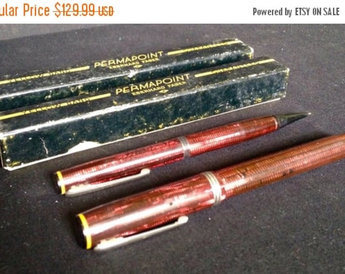 Storewide 25% Off SALE Antique Red Mahogany Eberhard Faber's Permapoint Fountain Pen & Matching Yellow Banded Mechanical Pencil Featuring Or