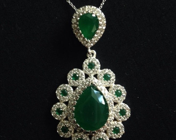 Storewide 25% Off SALE French Louis Style Sterling Silver 8.50ct Emerald Teardrop Pendant & Sterling Necklace Featuring Diamond Accented Des