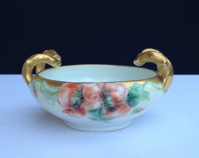 Storewide 25% Off SALE Vintage Mavaria White Porcelain Hand Painted Floral Centerpiece Bowl Featuring Curved Gold Painted Double Handle Desi