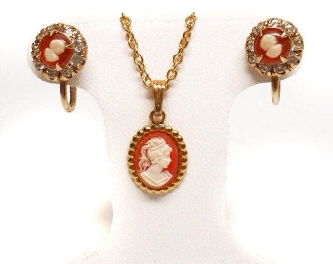 Storewide 25% Off SALE Vintage Gold Tone Cameo Pendant & Necklace With Complimentary French Screw Back Cameo Earrings Featuring Victorian Sa