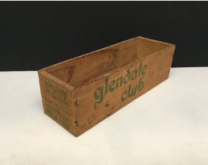 Storewide 25% Off SALE Antique Glendale Club Pasteurized Yellow Cheese Wood Packaging Box Featuring Green Logo With Industrial Red Accent De
