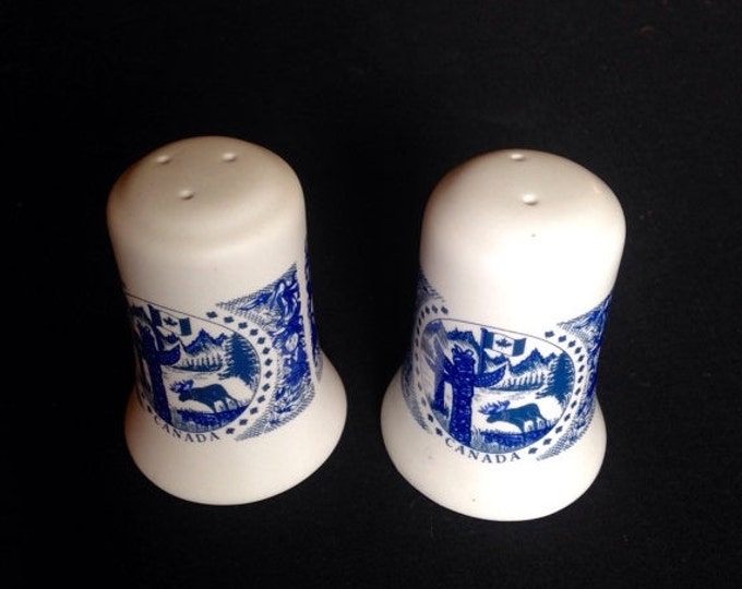 Storewide 25% Off SALE Vintage Collectable Mid Century White Porcelain Matching Salt & Pepper Shakers Featuring Cobalt Blue Glazed Country S