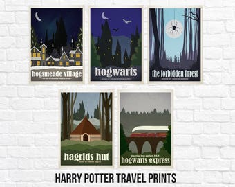 Harry Potter Travel Poster Art Print Sets - Hogwarts - Forbidden Forest - Hogwarts Express - Hagrids Hut - Hogsmeade