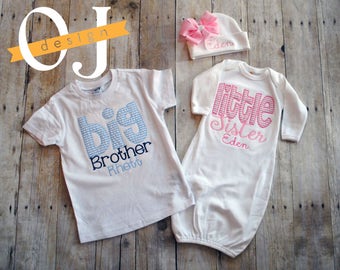 Big Brother Little Sister Personalized Baby Newborn Gift Set - Pink and Blue Seersucker - Sibling Set - Brother Sister - Classic Baby