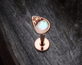 Rose Gold Opalescent Teardrop Top Steel Labret (tragus, helix, cartilage, lip ring)