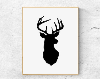 Deer head print, Scandinavian print, Animal print, Black and white print, Large wall art prints, Printable animal art, Minimalist print